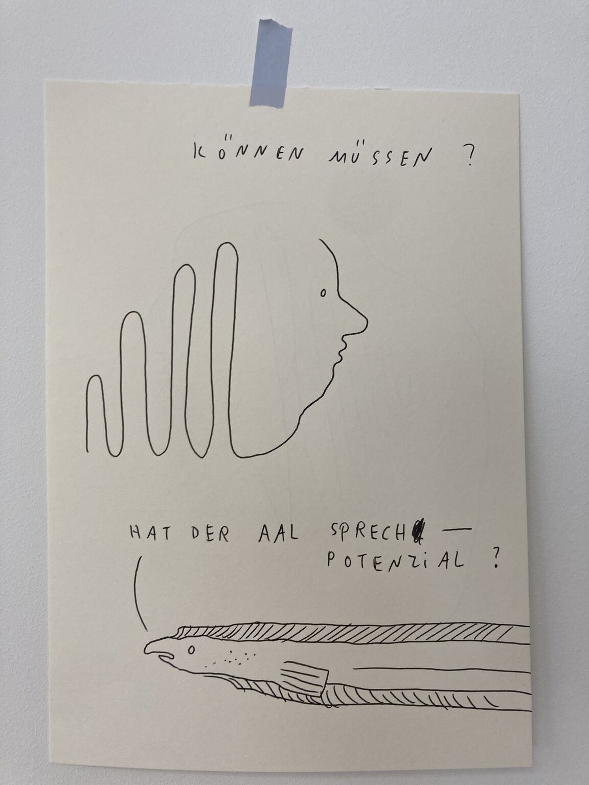 Zeichnung: „Können müssen?" – ein Kopf im Profil mit Schallwelle, darunter „Hat der Aal Sprechpotenzial?"; live illustriert von Johanna Benz