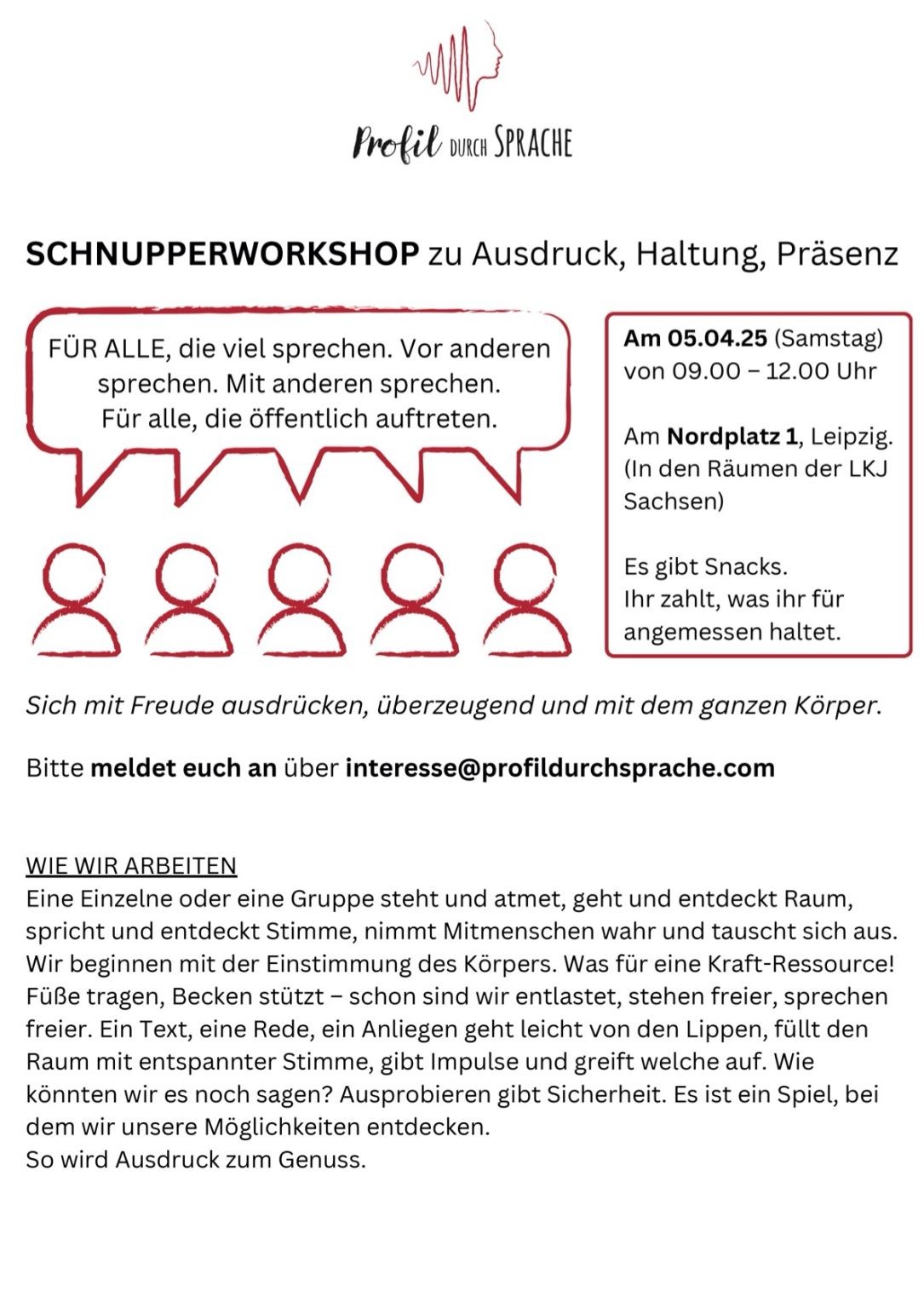 Flyer: Schnupperworkshop zu Ausdruck, Haltung, Präsenz am 05.04.25 in Leipzig