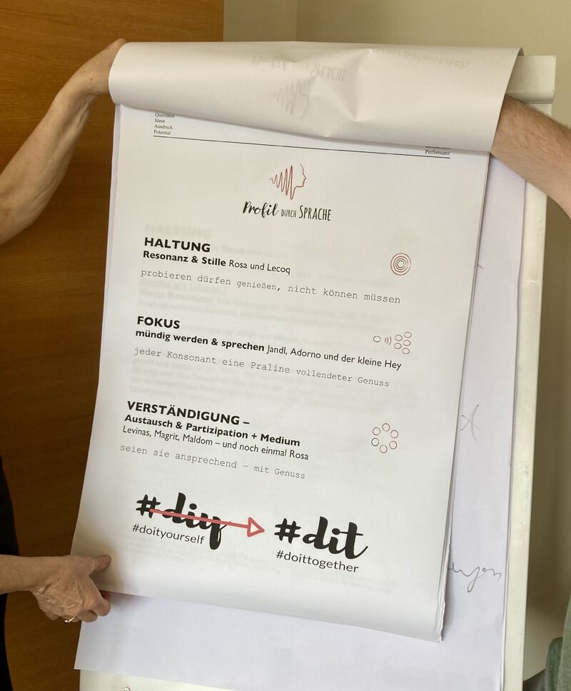 Flipchart-Blatt mit den drei Feldern Haltung, Fokus und Verständigung sowie dem Motto „#diy wird #dit – doittogether"