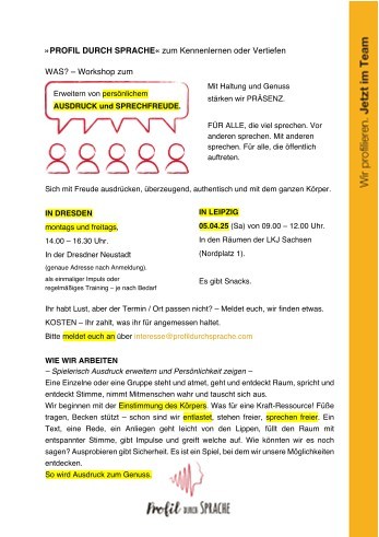 Flyer: »Profil durch Sprache« zum Kennenlernen und Vertiefen – Workshop-Termine in Dresden und Leipzig
